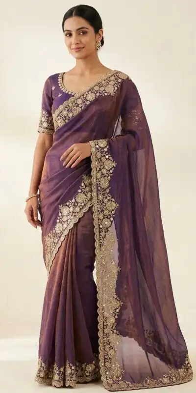 Trendy Purple Space Silk Embroidery Zari Work Saree