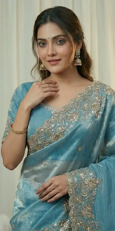 Alternative view of Trendy Sky Blue Space Silk Embroidery Zari Work Saree