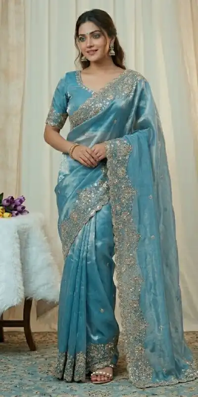 Trendy Sky Blue Space Silk Embroidery Zari Work Saree