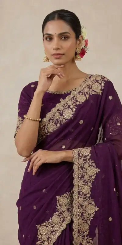 Alternative view of Trendy Wine Space Silk Embroidery Zari Work Saree