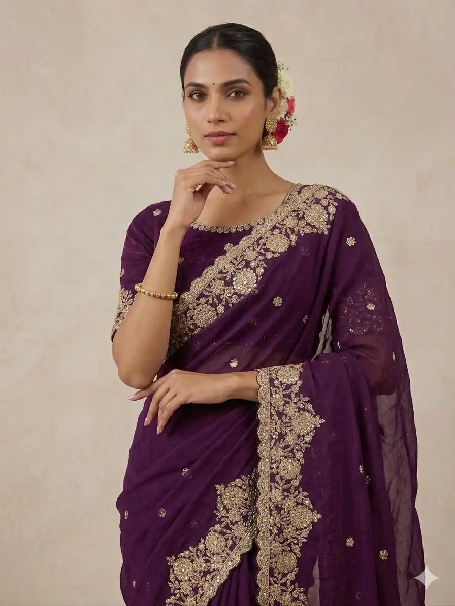 Trendy Wine Space Silk Embroidery Zari Work Saree - Image 2