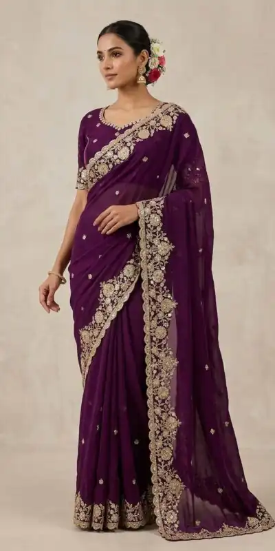Trendy Wine Space Silk Embroidery Zari Work Saree