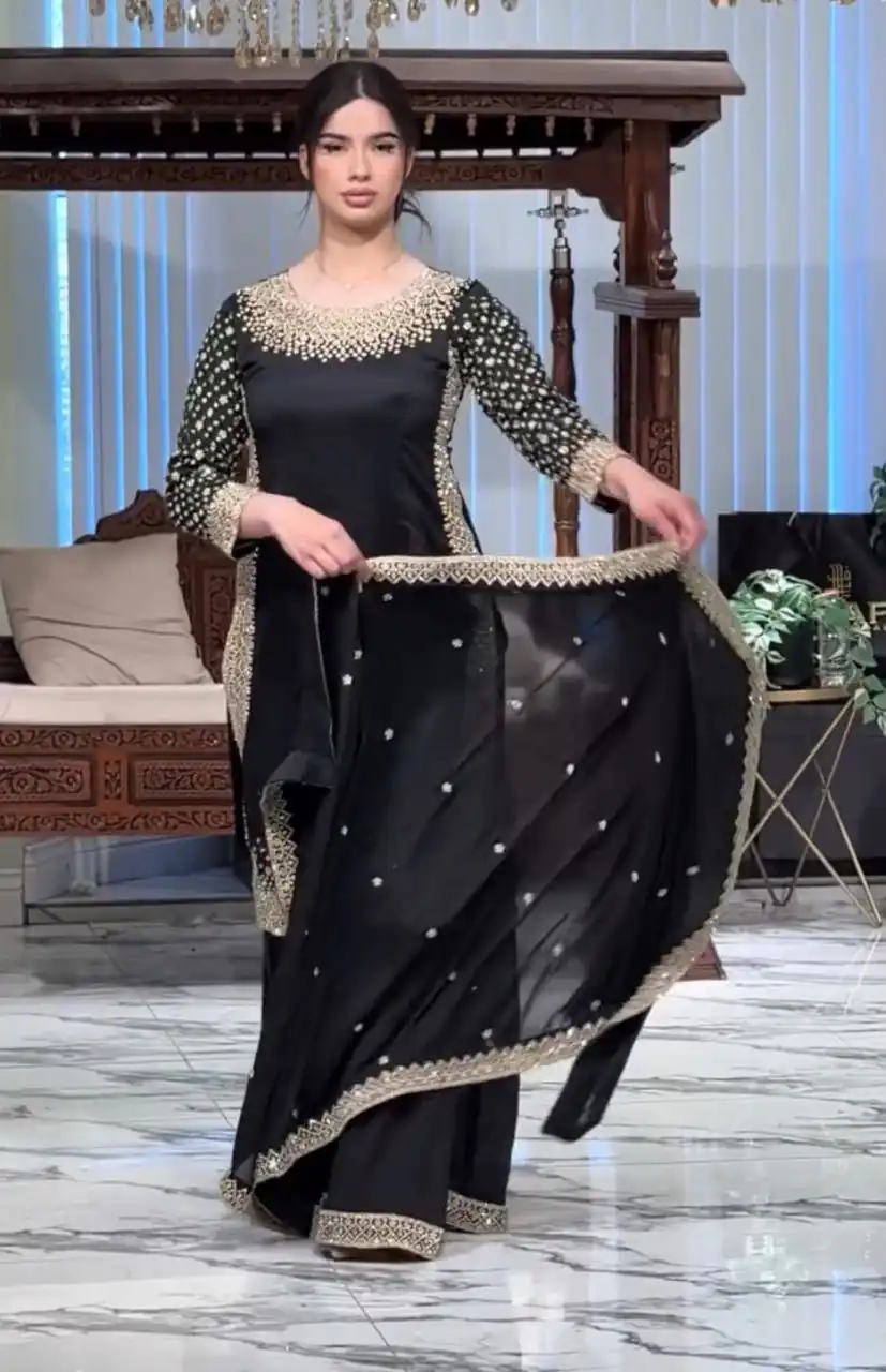 Unique Black Natural Crepe Embroidery Work Salwar Suit