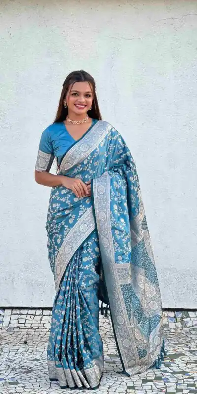 Unique Blue Lichi Silk Jacquard Work Saree