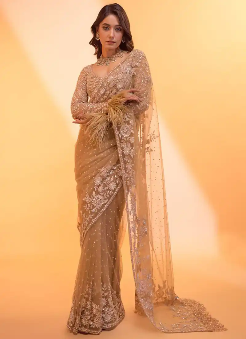 Unique Gold Butterfly Net Sequence Work Saree - Image 3