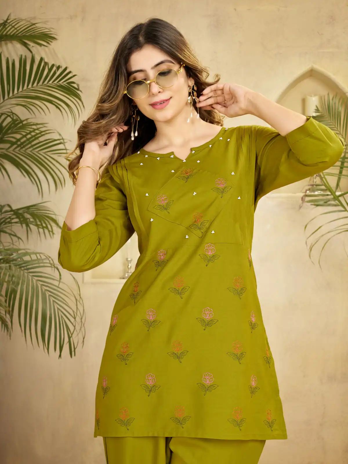 Unique Lime Green Viscose Rayon Embroidery Work Kurti - Image 2