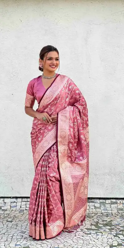 Unique Peach Lichi Silk Jacquard Work Saree