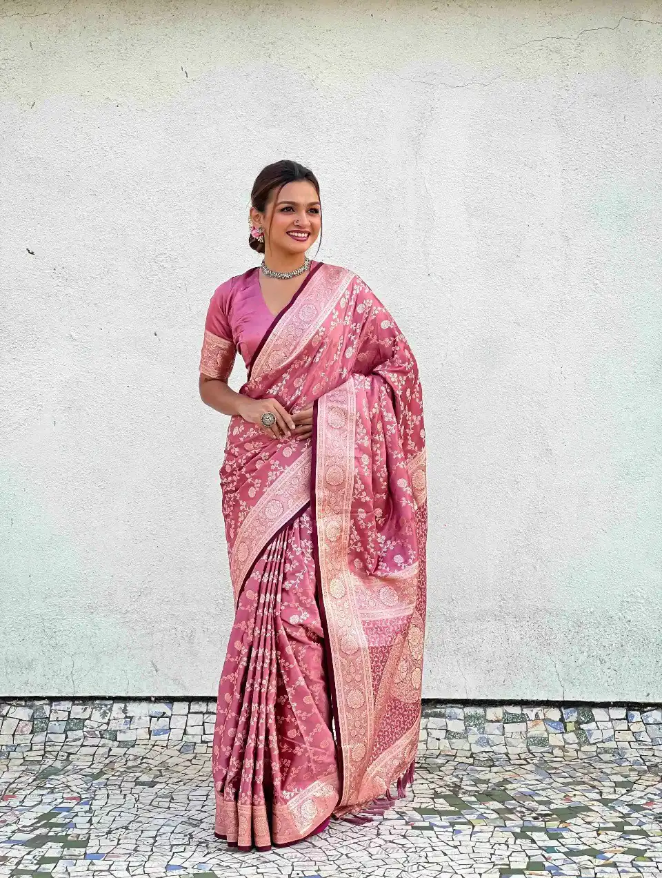 Unique Peach Lichi Silk Jacquard Work Saree