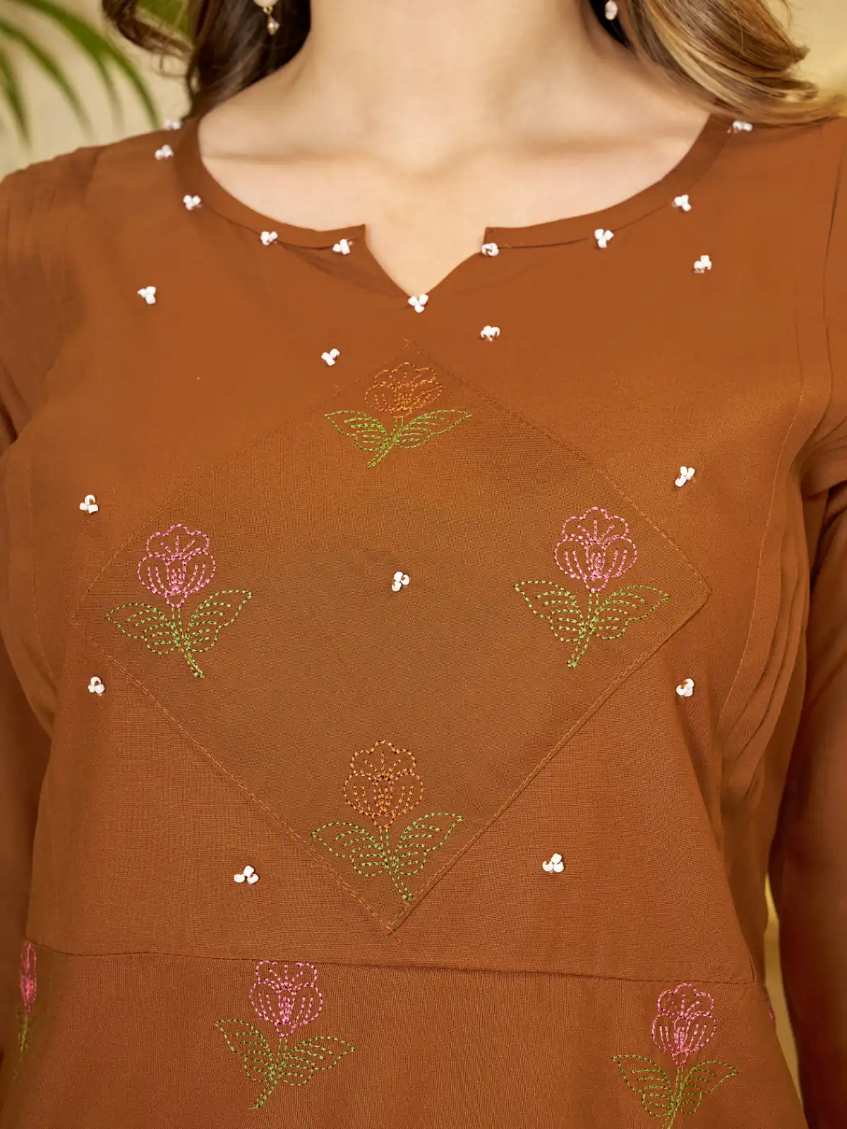 Unique Rust Viscose Rayon Embroidery Work Kurti - Image 3