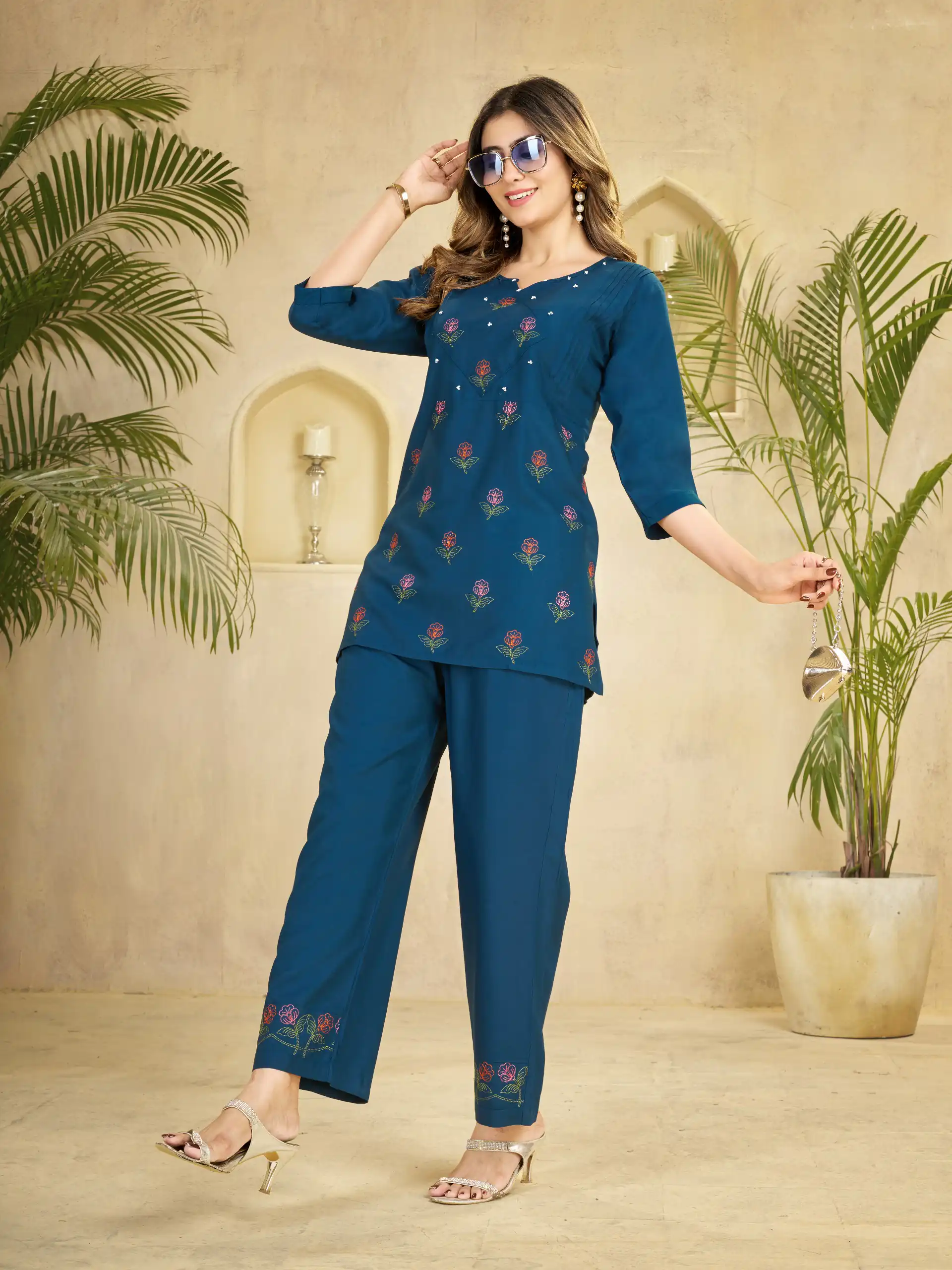 Unique Teal Viscose Rayon Embroidery Work Kurti