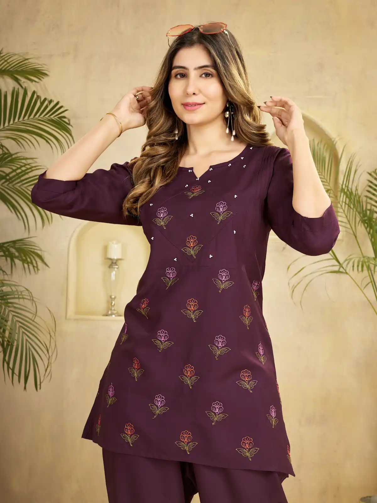 Unique Wine Viscose Rayon Embroidery Work Kurti - Image 2
