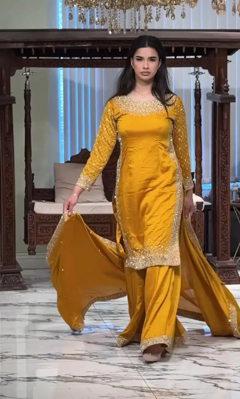 Unique Yellow Natural Crepe Embroidery Work Salwar Suit