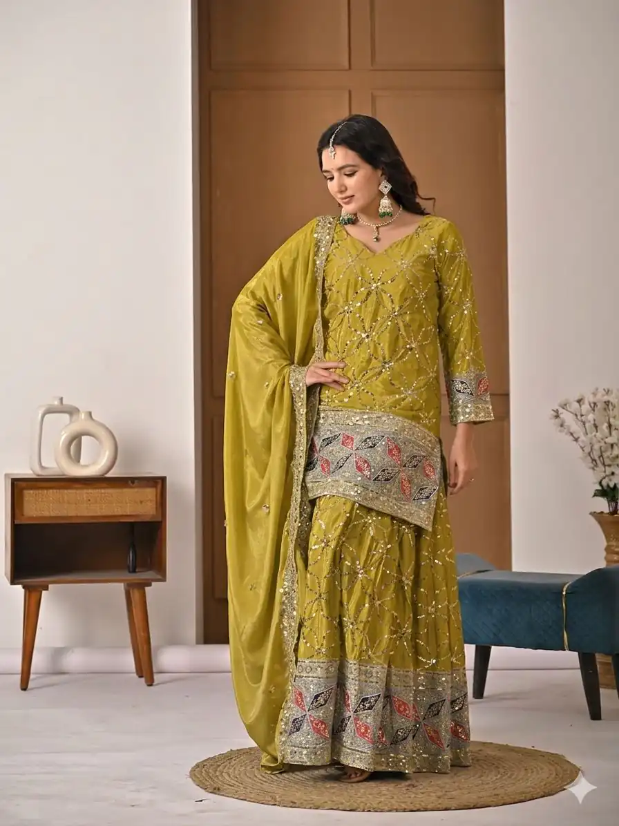 MD 3092 Mustered Chinnon Silk Salwar Suit Perfect for Wedding, Party, Ganesh Chaturthi, Baby Shower, Makar Sankranti – . Affordable Price ₹2449. De | Jump Suits, Salwar suit, Casual Suits, Creative suits, Designer Suits, Palazzo Suits, Party Wear Suits, Patiala Suits, Straight Suits