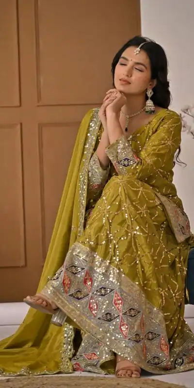 MD 3092 Mustered Chinnon Silk Salwar Suit Perfect for Wedding, Party, Ganesh Chaturthi, Baby Shower, Makar Sankranti – . Affordable Price ₹2449. De | Jump Suits, Salwar suit, Casual Suits, Creative suits, Designer Suits, Palazzo Suits, Party Wear Suits, Patiala Suits, Straight Suits