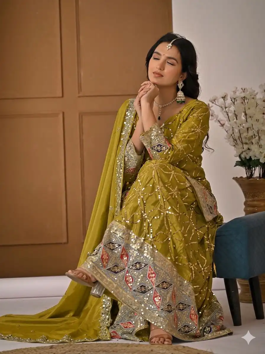 MD 3092 Mustered Chinnon Silk Salwar Suit Perfect for Wedding, Party, Ganesh Chaturthi, Baby Shower, Makar Sankranti – . Affordable Price ₹2449. De | Jump Suits, Salwar suit, Casual Suits, Creative suits, Designer Suits, Palazzo Suits, Party Wear Suits, Patiala Suits, Straight Suits