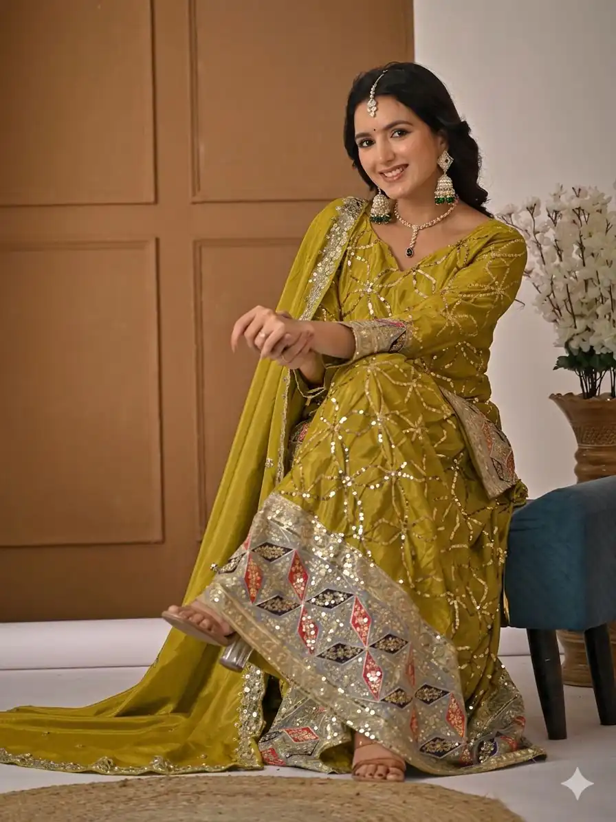 MD 3092 Mustered Chinnon Silk Salwar Suit Perfect for Wedding, Party, Ganesh Chaturthi, Baby Shower, Makar Sankranti – . Affordable Price ₹2449. De | Jump Suits, Salwar suit, Casual Suits, Creative suits, Designer Suits, Palazzo Suits, Party Wear Suits, Patiala Suits, Straight Suits