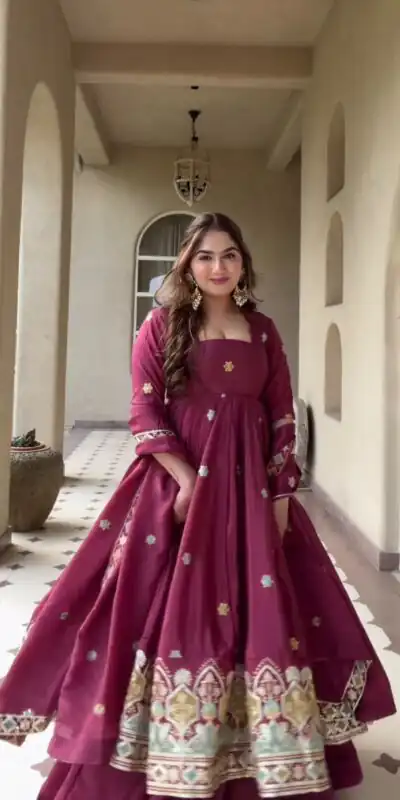 MD 3097 Red Color Natural Crep Anarkali Suit with Embroidery Work. Exclusive Offer ₹2649. Delivery 4-6 Working Days. Shop now. | Anarkali Suits, Bollywood Anarkali, Creative-Anarkali, Designer Anarkali, Embroidered Anarkali, Party Wear Anarkali