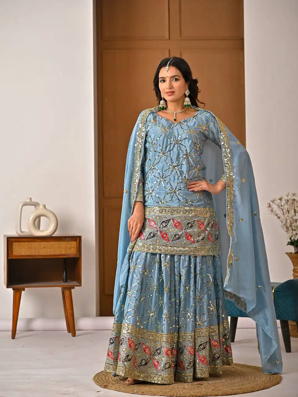 MD 3092 Sky Blue Chinnon Silk Salwar Suit Perfect for Wedding, Party, Ganesh Chaturthi, Baby Shower, Makar Sankranti – . Affordable Price ₹2449. De | Jump Suits, Salwar suit, Casual Suits, Creative suits, Designer Suits, Palazzo Suits, Party Wear Suits, Patiala Suits, Straight Suits