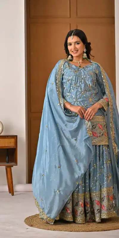 MD 3092 Sky Blue Chinnon Silk Salwar Suit Perfect for Wedding, Party, Ganesh Chaturthi, Baby Shower, Makar Sankranti – . Affordable Price ₹2449. De | Jump Suits, Salwar suit, Casual Suits, Creative suits, Designer Suits, Palazzo Suits, Party Wear Suits, Patiala Suits, Straight Suits