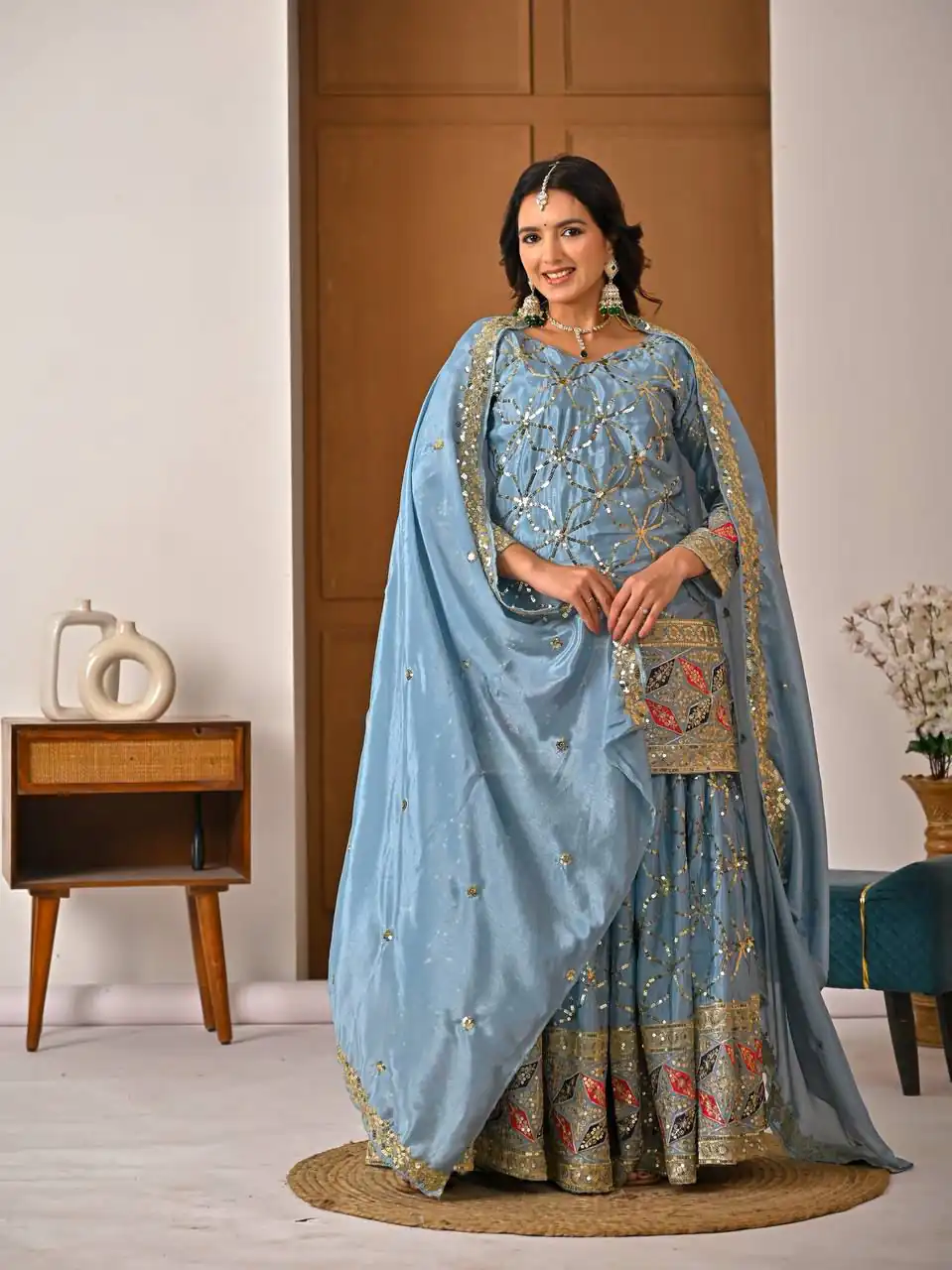 MD 3092 Sky Blue Chinnon Silk Salwar Suit Perfect for Wedding, Party, Ganesh Chaturthi, Baby Shower, Makar Sankranti – . Affordable Price ₹2449. De | Jump Suits, Salwar suit, Casual Suits, Creative suits, Designer Suits, Palazzo Suits, Party Wear Suits, Patiala Suits, Straight Suits