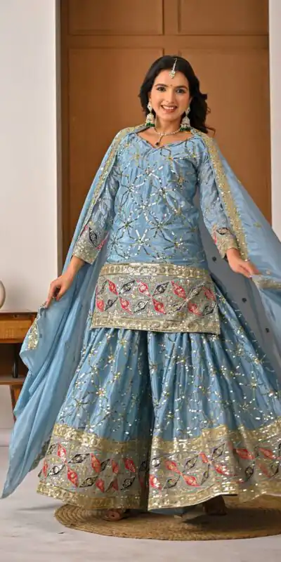 MD 3092 Sky Blue Chinnon Silk Salwar Suit Perfect for Wedding, Party, Ganesh Chaturthi, Baby Shower, Makar Sankranti – . Affordable Price ₹2449. De | Jump Suits, Salwar suit, Casual Suits, Creative suits, Designer Suits, Palazzo Suits, Party Wear Suits, Patiala Suits, Straight Suits