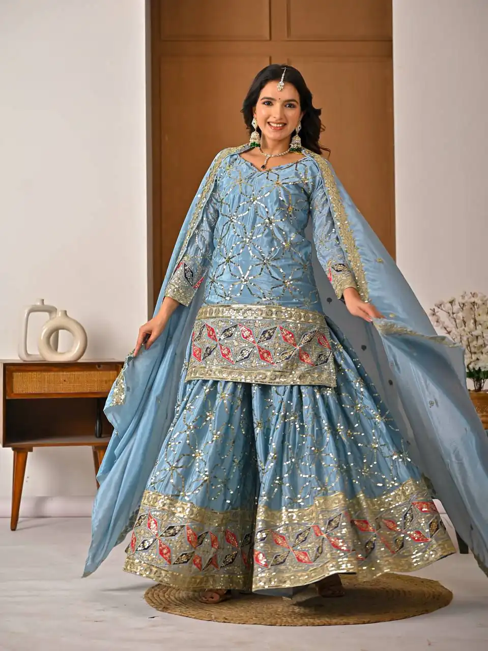 MD 3092 Sky Blue Chinnon Silk Salwar Suit Perfect for Wedding, Party, Ganesh Chaturthi, Baby Shower, Makar Sankranti – . Affordable Price ₹2449. De | Jump Suits, Salwar suit, Casual Suits, Creative suits, Designer Suits, Palazzo Suits, Party Wear Suits, Patiala Suits, Straight Suits