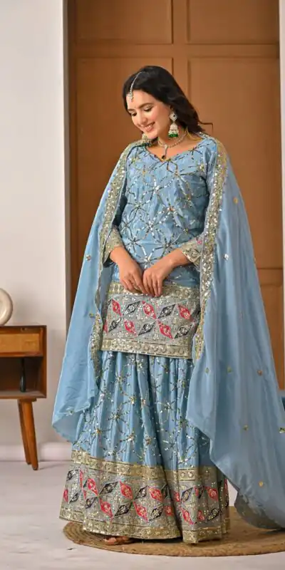 MD 3092 Sky Blue Chinnon Silk Salwar Suit Perfect for Wedding, Party, Ganesh Chaturthi, Baby Shower, Makar Sankranti – . Affordable Price ₹2449. De | Jump Suits, Salwar suit, Casual Suits, Creative suits, Designer Suits, Palazzo Suits, Party Wear Suits, Patiala Suits, Straight Suits