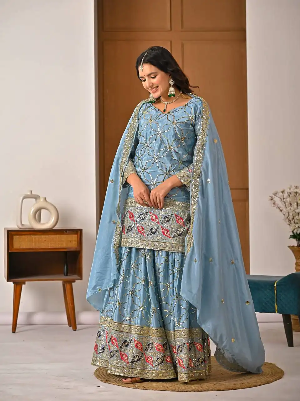 MD 3092 Sky Blue Chinnon Silk Salwar Suit Perfect for Wedding, Party, Ganesh Chaturthi, Baby Shower, Makar Sankranti – . Affordable Price ₹2449. De | Jump Suits, Salwar suit, Casual Suits, Creative suits, Designer Suits, Palazzo Suits, Party Wear Suits, Patiala Suits, Straight Suits