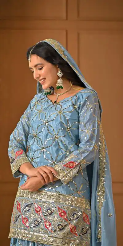 MD 3092 Sky Blue Chinnon Silk Salwar Suit Perfect for Wedding, Party, Ganesh Chaturthi, Baby Shower, Makar Sankranti – . Affordable Price ₹2449. De | Jump Suits, Salwar suit, Casual Suits, Creative suits, Designer Suits, Palazzo Suits, Party Wear Suits, Patiala Suits, Straight Suits