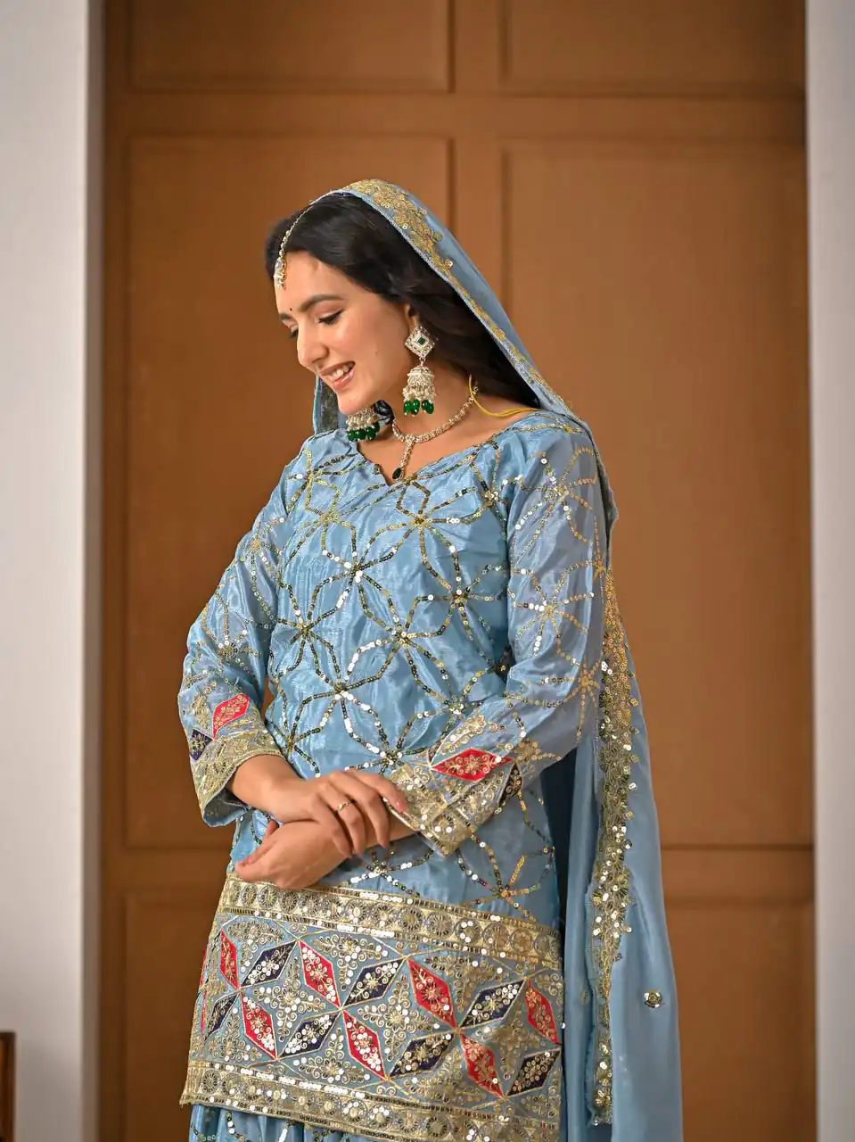MD 3092 Sky Blue Chinnon Silk Salwar Suit Perfect for Wedding, Party, Ganesh Chaturthi, Baby Shower, Makar Sankranti – . Affordable Price ₹2449. De | Jump Suits, Salwar suit, Casual Suits, Creative suits, Designer Suits, Palazzo Suits, Party Wear Suits, Patiala Suits, Straight Suits
