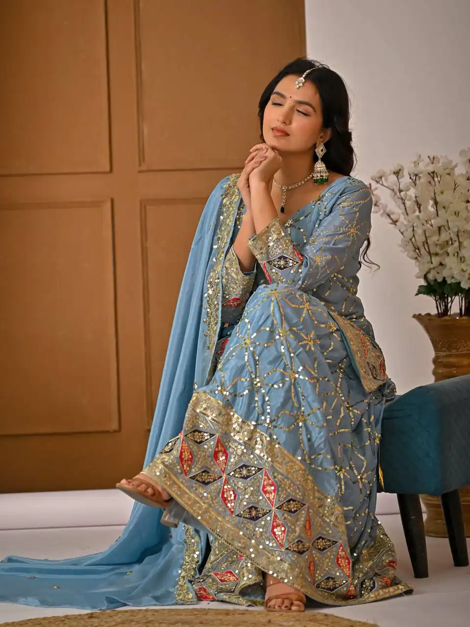MD 3092 Sky Blue Chinnon Silk Salwar Suit Perfect for Wedding, Party, Ganesh Chaturthi, Baby Shower, Makar Sankranti – . Affordable Price ₹2449. De | Jump Suits, Salwar suit, Casual Suits, Creative suits, Designer Suits, Palazzo Suits, Party Wear Suits, Patiala Suits, Straight Suits