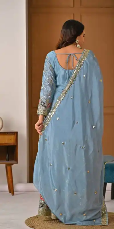 MD 3092 Sky Blue Chinnon Silk Salwar Suit Perfect for Wedding, Party, Ganesh Chaturthi, Baby Shower, Makar Sankranti – . Affordable Price ₹2449. De | Jump Suits, Salwar suit, Casual Suits, Creative suits, Designer Suits, Palazzo Suits, Party Wear Suits, Patiala Suits, Straight Suits