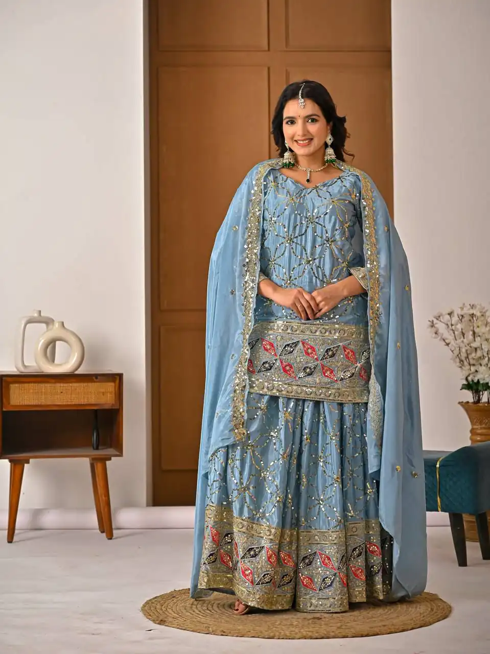 MD 3092 Sky Blue Chinnon Silk Salwar Suit Perfect for Wedding, Party, Ganesh Chaturthi, Baby Shower, Makar Sankranti – . Affordable Price ₹2449. De | Jump Suits, Salwar suit, Casual Suits, Creative suits, Designer Suits, Palazzo Suits, Party Wear Suits, Patiala Suits, Straight Suits