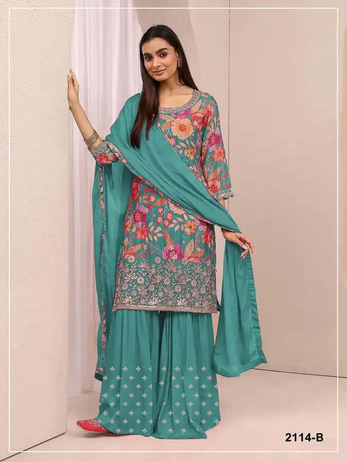 FC 2114 Firozi Chinon Salwar Suit with Embroidery Work & Digital Print. Festive Deal ₹2449. Delivery 4-6 Working Days. Shop now. | Jump Suits, Salwar suit, Casual Suits, Creative suits, Designer Suits, Palazzo Suits, Party Wear Suits, Patiala Suits, Straight Suits