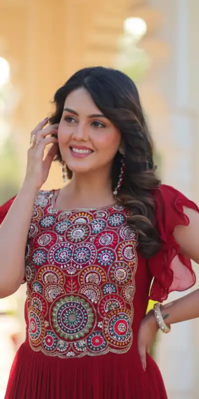 KA 1179 Maroon Faux Blooming Gown with Embroidery Work & Sequins Work. Special Price ₹1769. Delivery 4-6 Working Days. Shop now. | Gowns, Bollywood Gowns, Creative Gowns, Designer Gowns, Embroidered Gowns, Party Wear Gowns