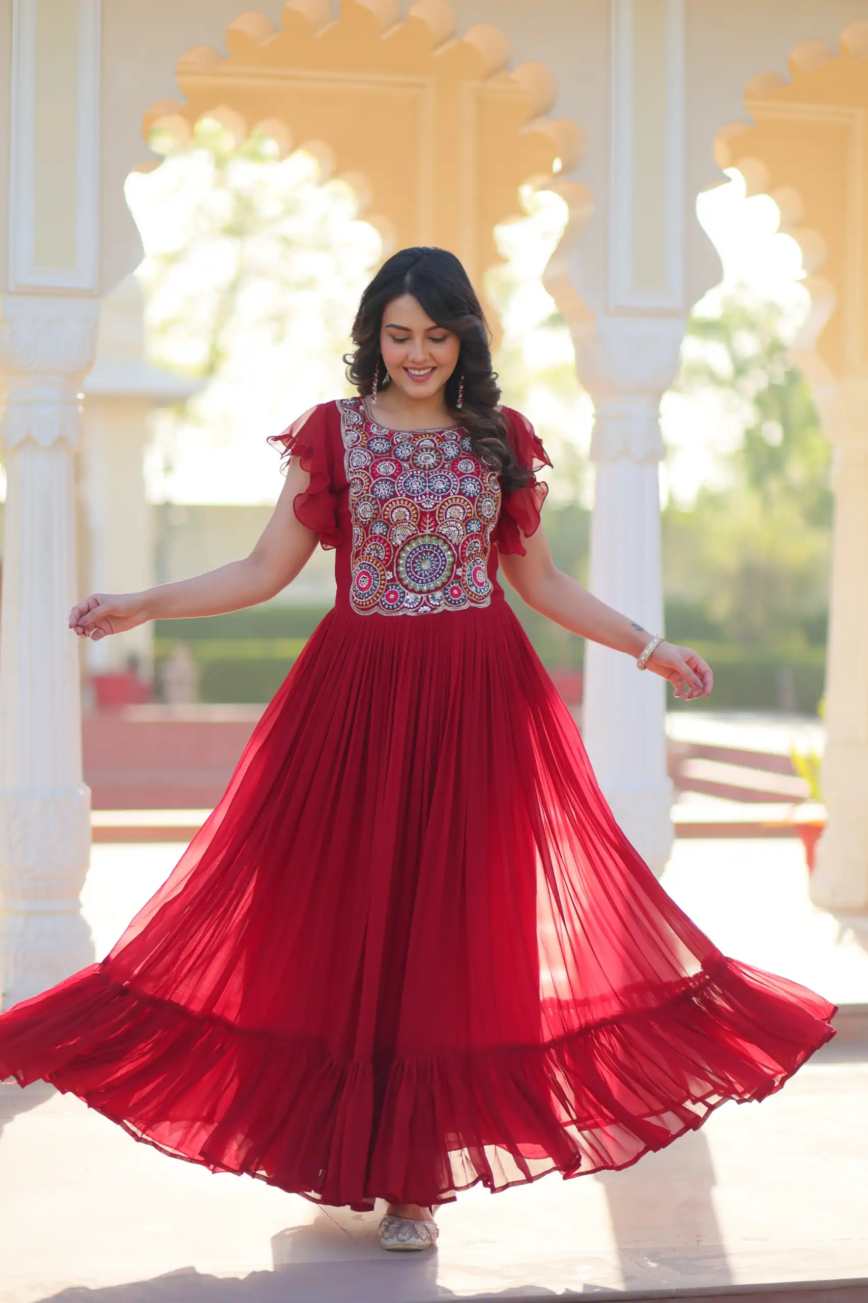 KA 1179 Maroon Faux Blooming Gown with Embroidery Work & Sequins Work. Special Price ₹1769. Delivery 4-6 Working Days. Shop now. | Gowns, Bollywood Gowns, Creative Gowns, Designer Gowns, Embroidered Gowns, Party Wear Gowns
