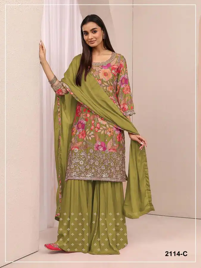 FC 2114 Mehandi Chinon Salwar Suit with Embroidery Work & Digital Print. Festive Deal ₹2449. Delivery 4-6 Working Days. Shop now. | Jump Suits, Salwar suit, Casual Suits, Creative suits, Designer Suits, Palazzo Suits, Party Wear Suits, Patiala Suits, Straight Suits