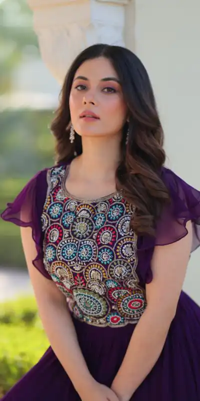KA 1179 Purple Faux Blooming Gown with Embroidery Work & Sequins Work. Special Price ₹1769. Delivery 4-6 Working Days. Shop now. | Gowns, Bollywood Gowns, Creative Gowns, Designer Gowns, Embroidered Gowns, Party Wear Gowns