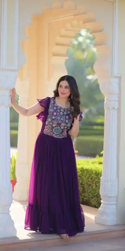 KA 1179 Purple Faux Blooming Gown with Embroidery Work & Sequins Work. Special Price ₹1769. Delivery 4-6 Working Days. Shop now. | Gowns, Bollywood Gowns, Creative Gowns, Designer Gowns, Embroidered Gowns, Party Wear Gowns
