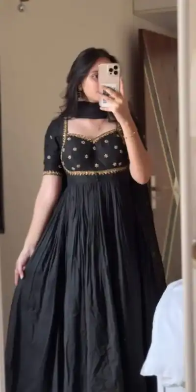 RTC 6024 Black Color Vichitra Silk Thread Sequence Work Gown . Exclusive Offer ₹1999. Delivery 4-6 Working Days. Shop now. | Gowns, Bollywood Gowns, Creative Gowns, Designer Gowns, Embroidered Gowns, Party Wear Gowns