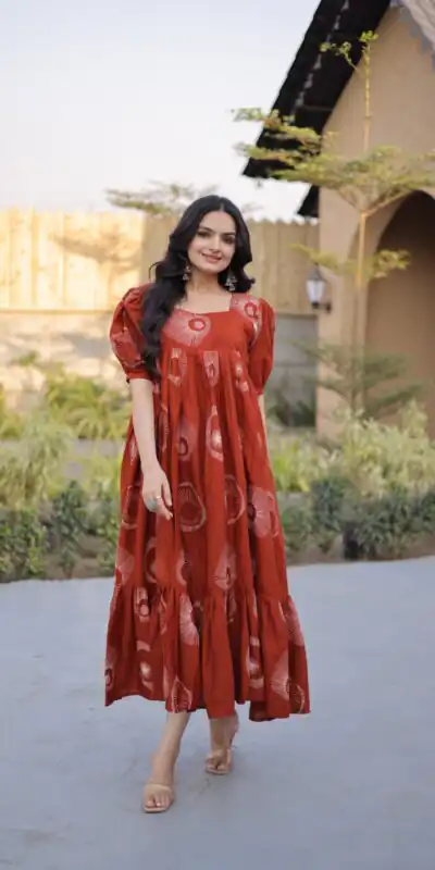 KA 1249 Rust Color Cotton Kurti with Printed Designer Work. Exclusive Offer ₹1519. Delivery 4-6 Working Days. Online Shop now. | Kurti, Bollywood Kurti, Creative Kurtis, Designer Kurti, Party Wear Kurti, Selfie Kurti