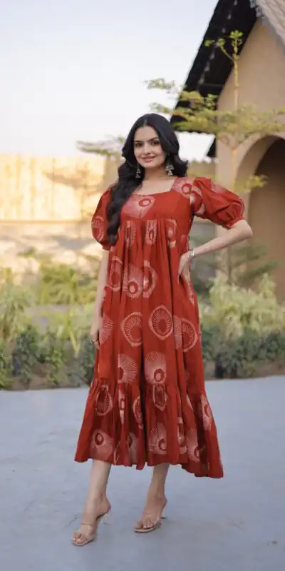 KA 1249 Rust Color Cotton Kurti with Printed Designer Work. Exclusive Offer ₹1519. Delivery 4-6 Working Days. Online Shop now. | Kurti, Bollywood Kurti, Creative Kurtis, Designer Kurti, Party Wear Kurti, Selfie Kurti