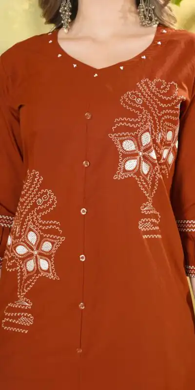 DIVA 162 Rust Color Cotton Kurti with Printed Designer Work. Exclusive Offer ₹1749. Delivery 4-6 Working Days. Online Shop now. | Kurti, Bollywood Kurti, Creative Kurtis, Designer Kurti, Party Wear Kurti, Selfie Kurti