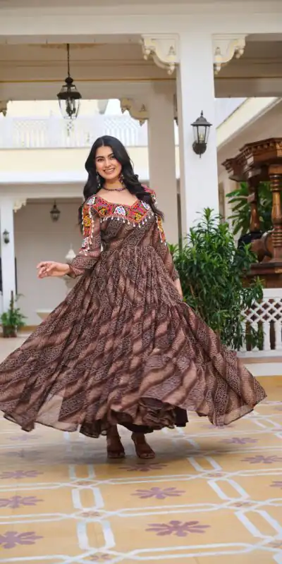 Ram 109 Brown Color Faux Georgette Gown with Mirror Work. Wedding, Party, Festive, Events Get it for ₹1999. Delivery 4-6 Working Days.Online Shop now. | Gowns, Bollywood Gowns, Creative Gowns, Designer Gowns, Embroidered Gowns, Party Wear Gowns