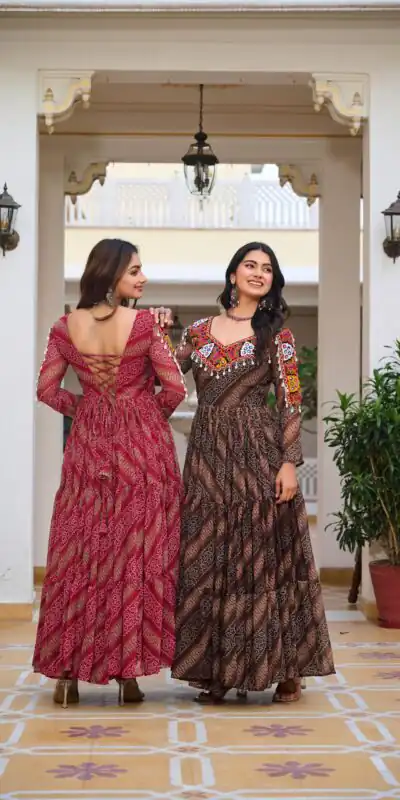 Ram 109 Brown Color Faux Georgette Gown with Mirror Work. Wedding, Party, Festive, Events Get it for ₹1999. Delivery 4-6 Working Days.Online Shop now. | Gowns, Bollywood Gowns, Creative Gowns, Designer Gowns, Embroidered Gowns, Party Wear Gowns