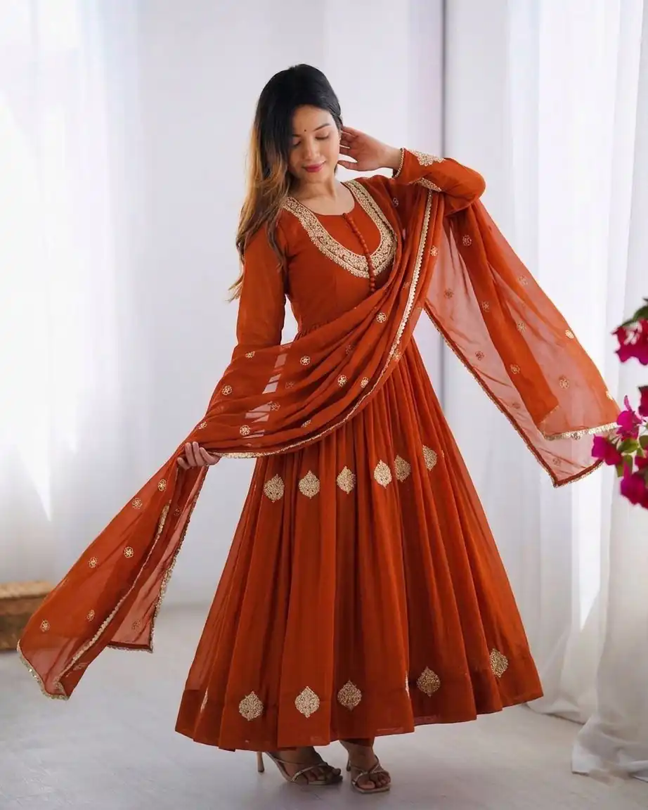 ZF 5018 Orange Color Blooming Georgette Gown With Coding Work . Get it for ₹2049. Delivery 4-6 Working Days. Online Shop now. | Gowns, Bollywood Gowns, Creative Gowns, Designer Gowns, Embroidered Gowns, Party Wear Gowns