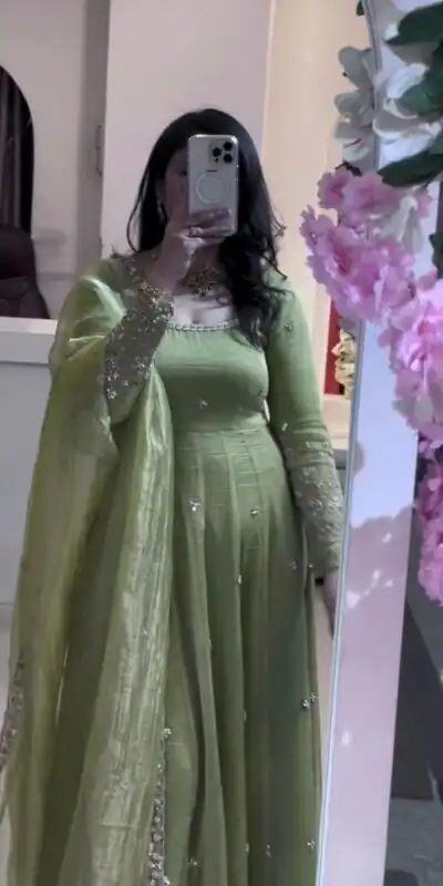 VLM 339 Parrot Green Crunchy Silk Gown Perfect for Wedding, Party, Housewarming, Haldi, – . Best Price ₹2149. Delivery 4-6 Working Days. Shop now. | Gowns, Bollywood Gowns, Creative Gowns, Designer Gowns, Embroidered Gowns, Party Wear Gowns