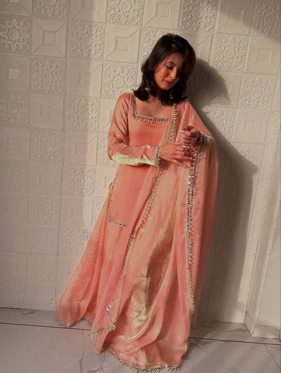 ZB 5063 Peach Fandy Silk Salwar Suit with Embroidery Work. Wedding, Party, Festive, Events Now at just ₹1949. Delivery 4-6 Working Days. Shop now. | Jump Suits, Salwar suit, Casual Suits, Creative suits, Designer Suits, Palazzo Suits, Party Wear Suits, Patiala Suits, Straight Suits
