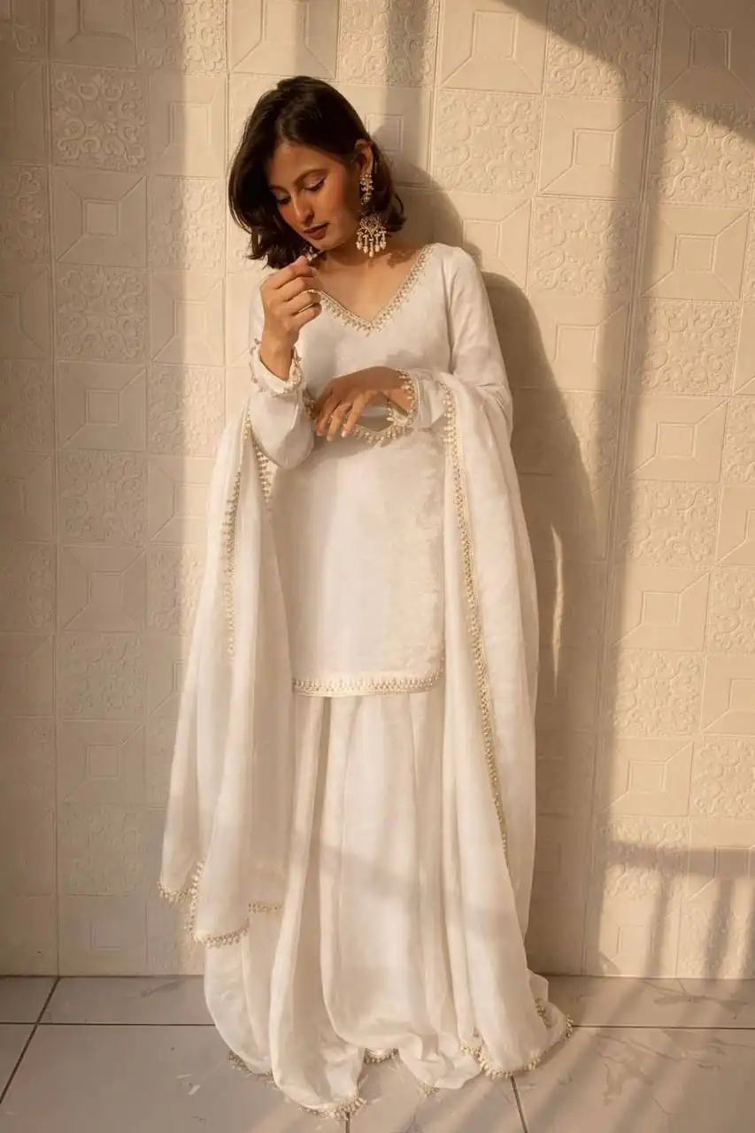 ZB 5063 White Fandy Silk Salwar Suit with Embroidery Work. Wedding, Party, Festive, Events Now at just ₹1949. Delivery 4-6 Working Days. Shop now. | Jump Suits, Salwar suit, Casual Suits, Creative suits, Designer Suits, Palazzo Suits, Party Wear Suits, Patiala Suits, Straight Suits