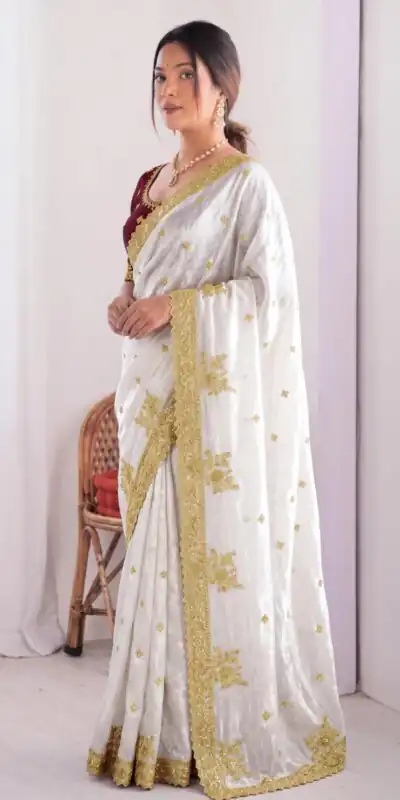 JR 666 White Fendy Satin Saree Perfect for Wedding, Party, Durga Puja, Raksha Bandhan, Sangeet – . Festive Deal ₹1949. Delivery 4-6 Working Days. | Designer Sarees, Modern Digital sarees, Sarees, Bollywood Sarees, Creative Sarees, Embroidered Sarees, Ethnic Saree, Party Wear Sarees